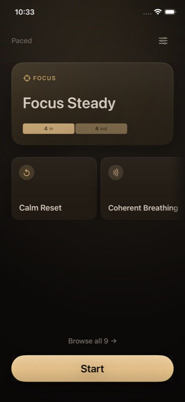 PacedBreath home screen with Focus Steady, Calm Reset, and Coherent Breathing sessions.