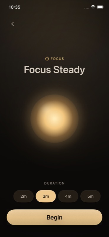 PacedBreath pre-session screen with duration choices and Begin button.